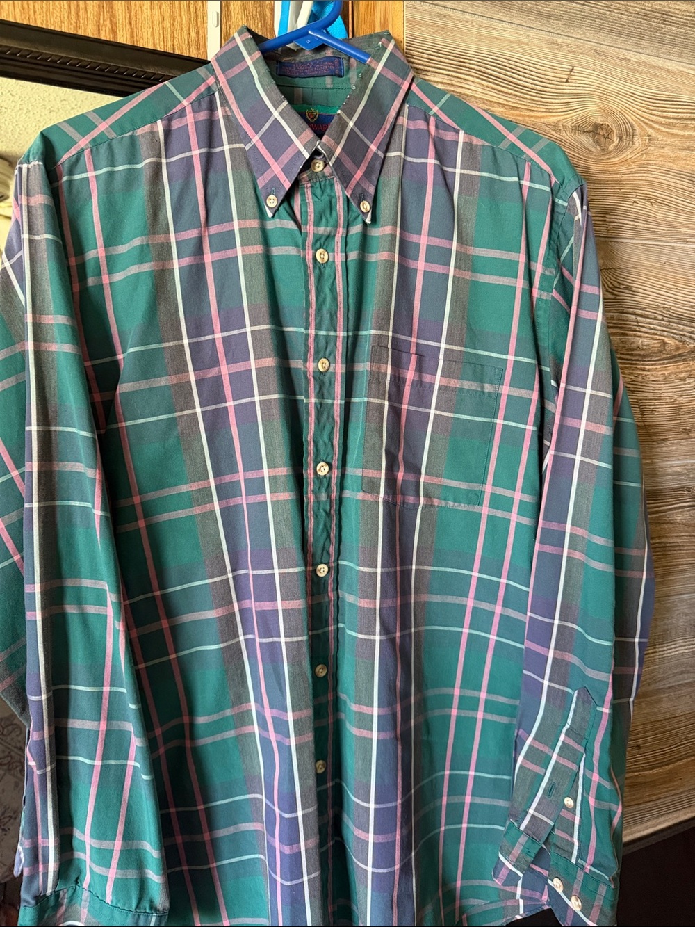 Men's Green Plaid Button-Down Shirt with Pink & Navy Accents